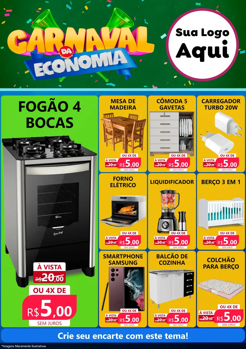 Modelo de Encarte para Encarte A4 Vertical com o tema Carnaval da Economia para Móveis e Eletro
