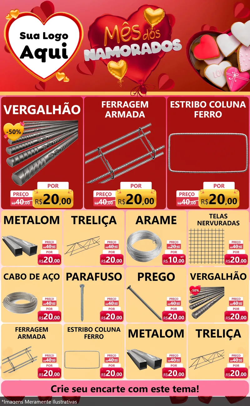 Modelo de Encarte para Encarte Grande com o tema Mês dos Namorados para Ferragens