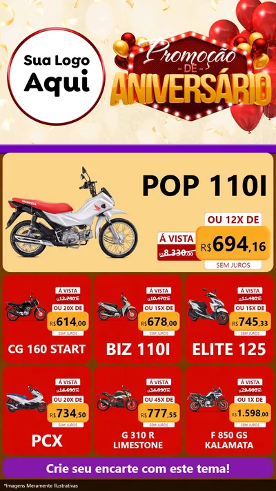 Modelo de Rede Social para Stories com o tema Promoção de Aniversário para Concessionaria de Motos