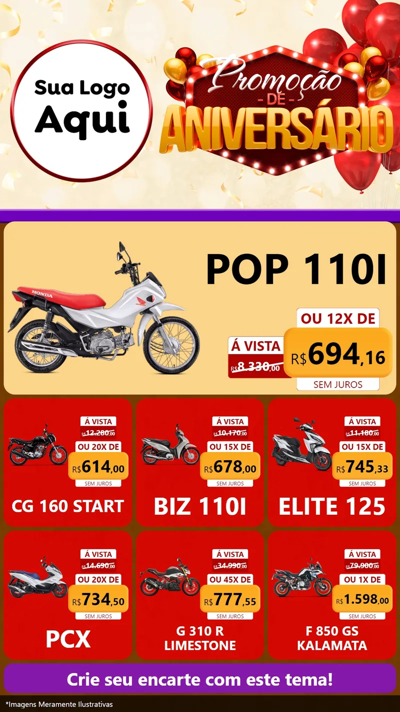 Modelo de Rede Social para Stories com o tema Promoção de Aniversário para Concessionaria de Motos