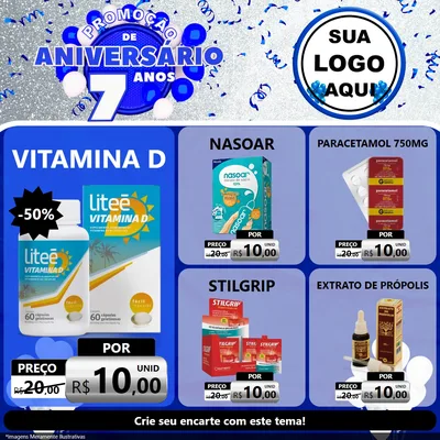 Modelo de Rede Social para Feed Facebook com o tema Promoção de Aniversário - 7 Anos para Farmácia