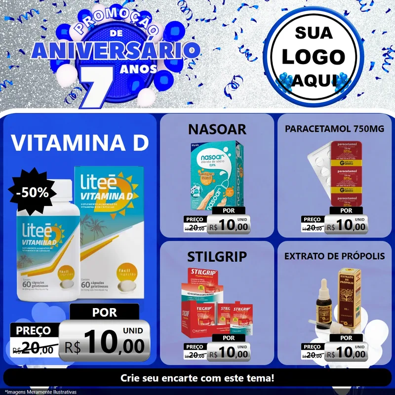 Modelo de Rede Social para Feed Facebook com o tema Promoção de Aniversário - 7 Anos para Farmácia