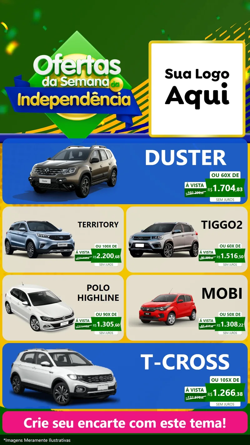 Modelo de TV para TV Vertical com o tema Ofertas da Semana da Independência para Concessionaria de Carros