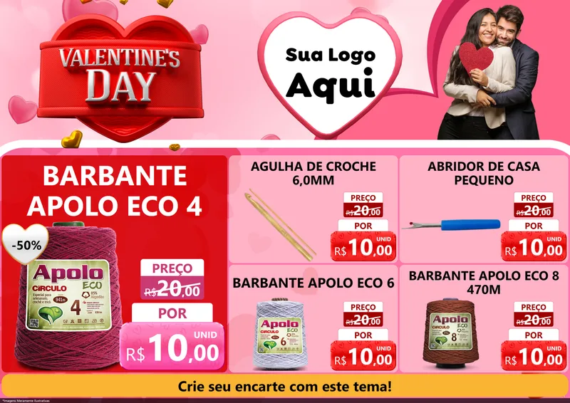 Modelo de Encarte para Encarte A4 Horizontal com o tema Valentine's Day para Armarinho e Aviamentos