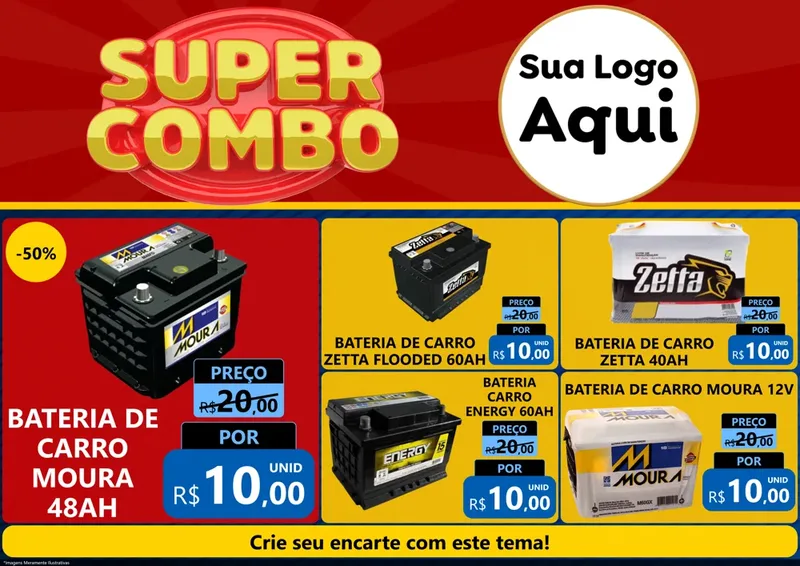 Modelo de Encarte para Encarte A4 Horizontal com o tema Super Combo para Baterias Elétricas