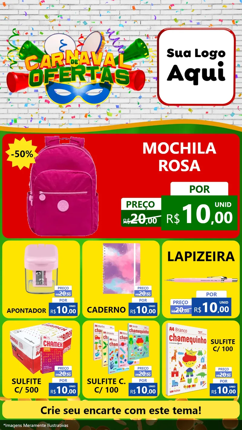 Modelo de Rede Social para Stories com o tema Carnaval de Ofertas para Papelaria