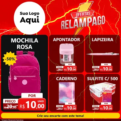 Modelo de Rede Social para Feed Facebook com o tema Ofertas Relâmpago para Papelaria