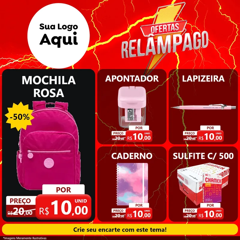 Modelo de Rede Social para Feed Facebook com o tema Ofertas Relâmpago para Papelaria