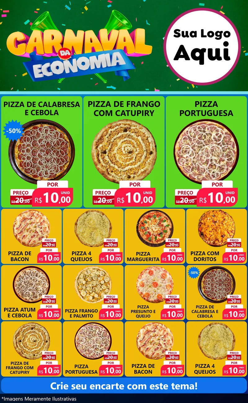Modelo de Encarte para Encarte Grande com o tema Carnaval da Economia para Pizzaria