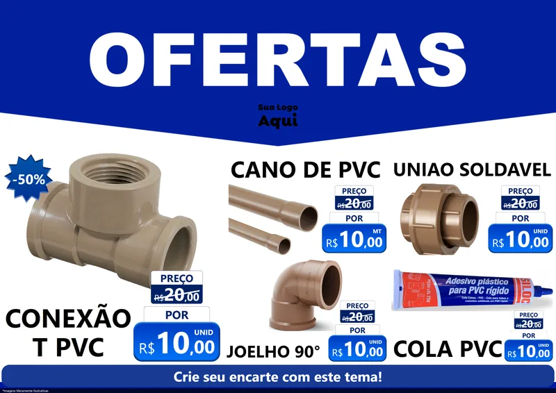 Modelo de Encarte para Encarte A4 Horizontal com o tema Ofertas Azul Cartaz para Tubos e conexões