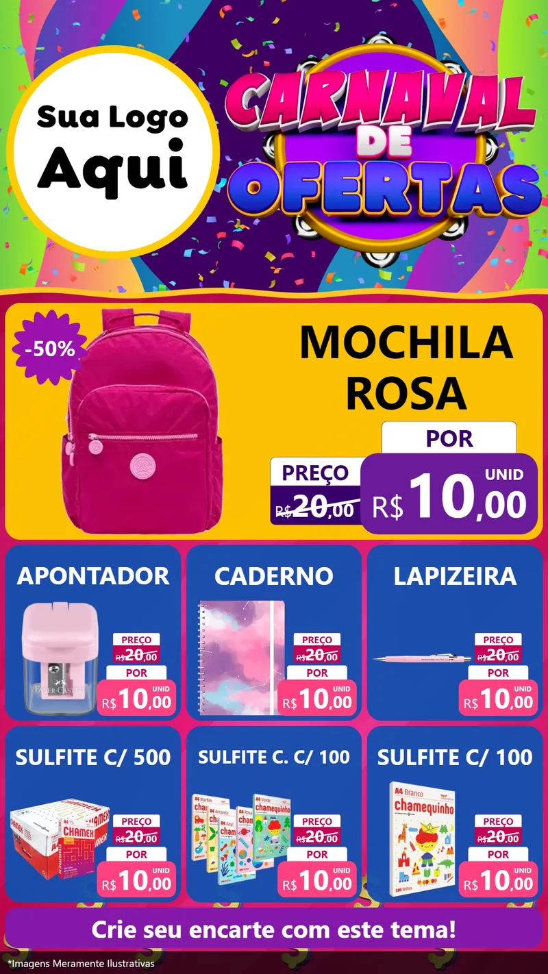 Modelo de Rede Social para Stories com o tema Carnaval de Ofertas para Papelaria