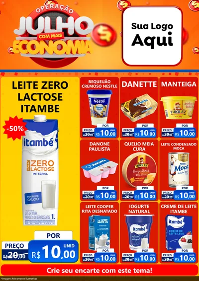 Modelo de Encarte para Encarte A4 Vertical com o tema Operação Julho Com Mais Economia para Frios e Laticínios