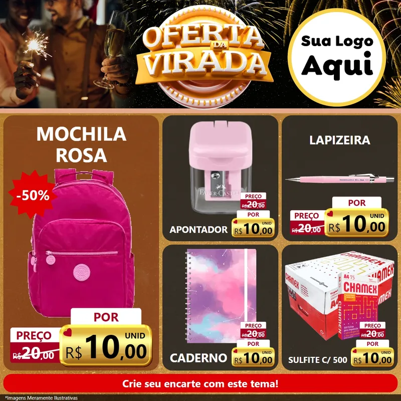Modelo de Rede Social para Feed Facebook com o tema Oferta da Virada para Papelaria