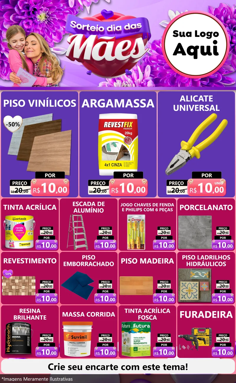 Modelo de Encarte para Encarte Grande com o tema Sorteio Dia das Mães para Material para Construção
