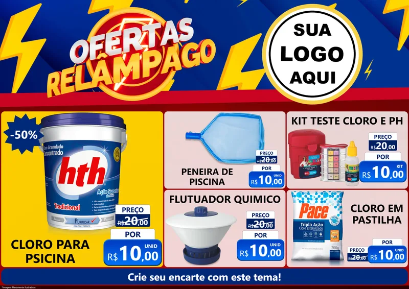 Modelo de Encarte para Encarte A4 Horizontal com o tema Ofertas Relâmpago para Produtos para Piscina