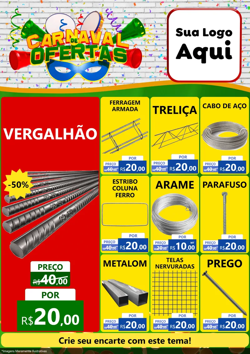 Modelo de Encarte para Encarte A4 Vertical com o tema Carnaval de Ofertas para Ferragens