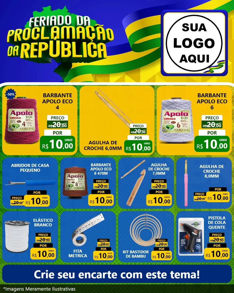 Modelo de Rede Social para Feed Instagram com o tema Feriado da Proclamação da República para Armarinho e Aviamentos