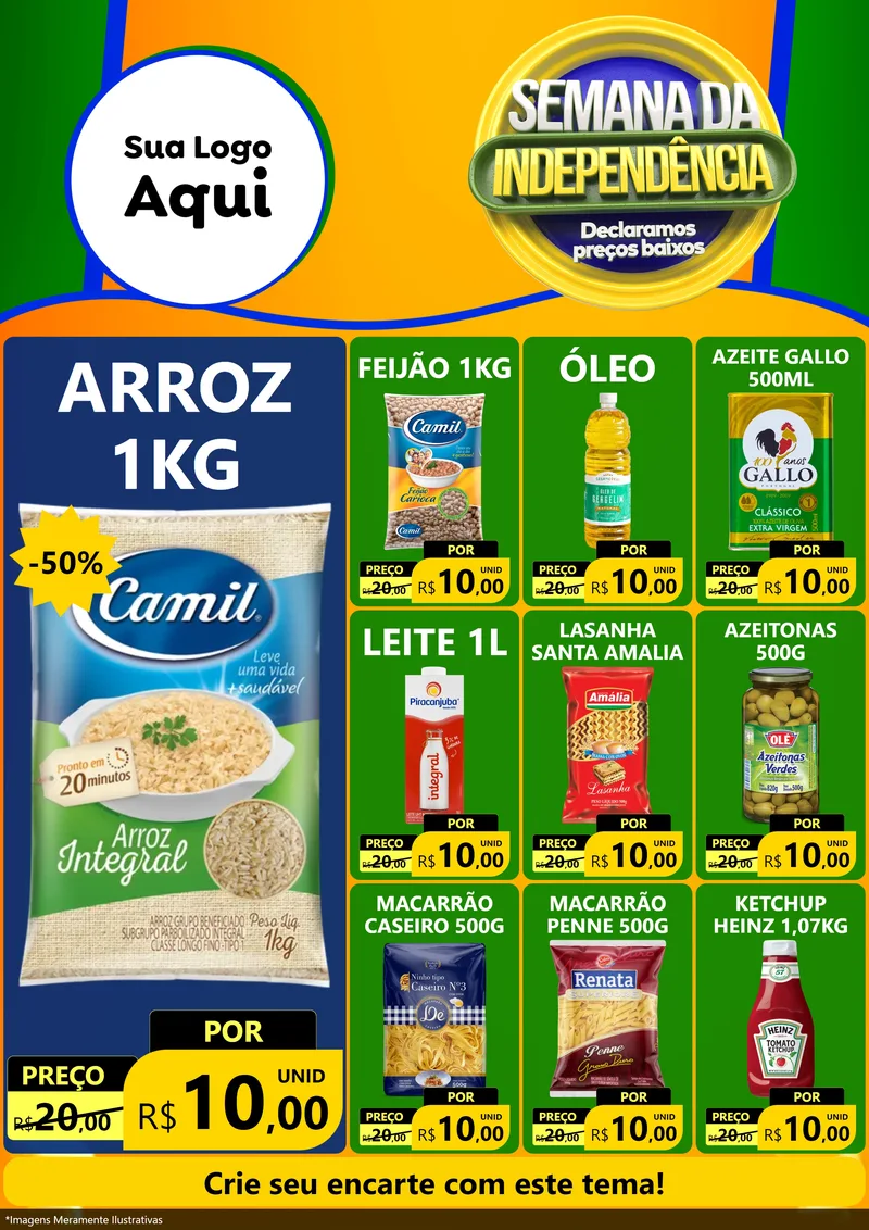 Modelo de Encarte para Encarte A4 Vertical com o tema Semana da Independência Declaramos Preços Baixos para Supermercado