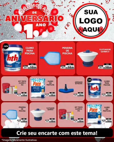 Modelo de Rede Social para Feed Instagram com o tema Promoção de Aniversário - 1 Ano para Produtos para Piscina