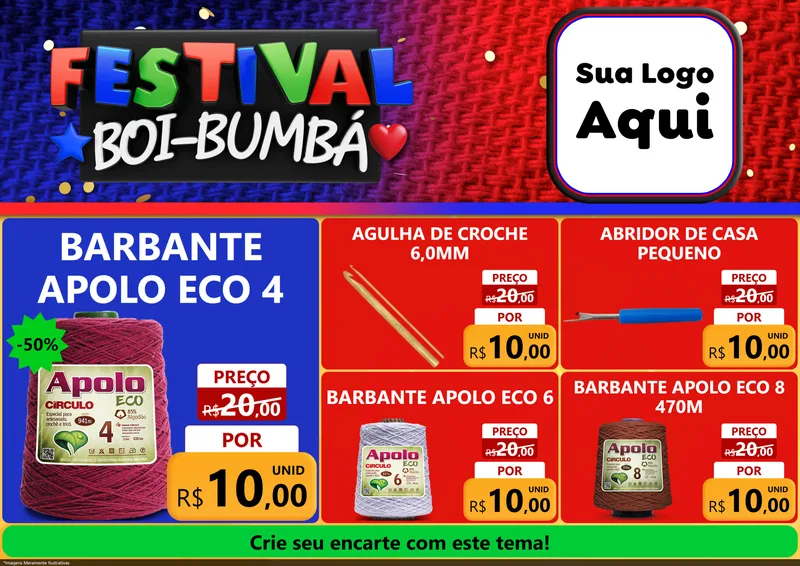 Modelo de Encarte para Encarte A4 Horizontal com o tema Festival Boi-Bumbá para Armarinho e Aviamentos