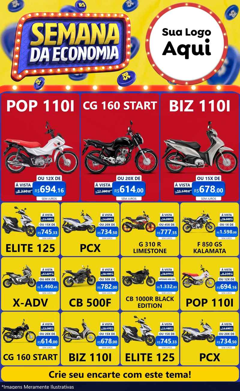 Modelo de Encarte para Encarte Grande com o tema Semana da Economia para Concessionaria de Motos