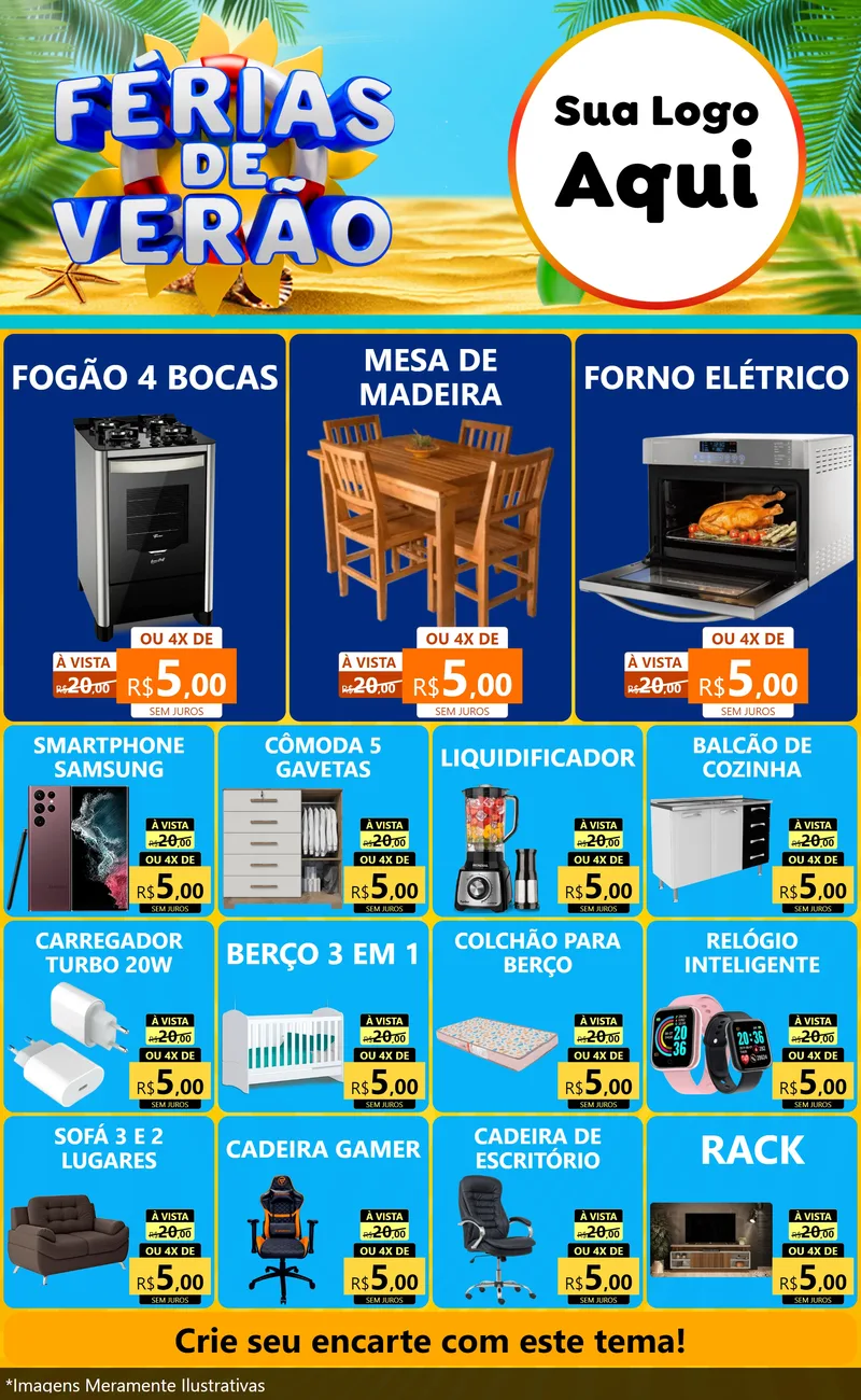 Modelo de Encarte para Encarte Grande com o tema Férias de Verão para Móveis e Eletro
