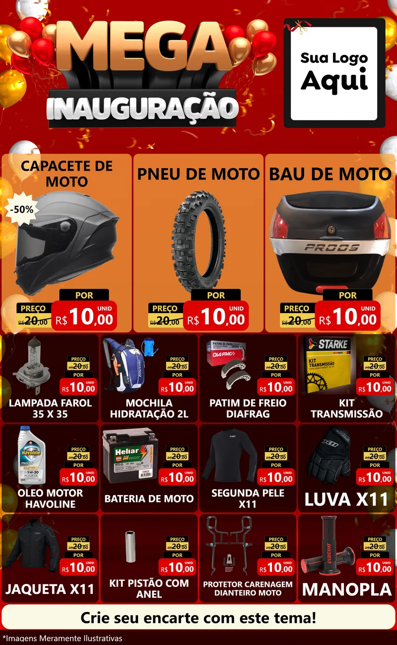 Modelo de Encarte para Encarte Grande com o tema Mega Inauguração para Moto peças