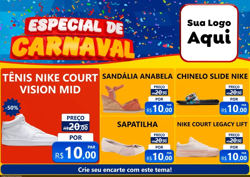 Modelo de Encarte para Encarte A4 Horizontal com o tema Especial de Carnaval para Calçados