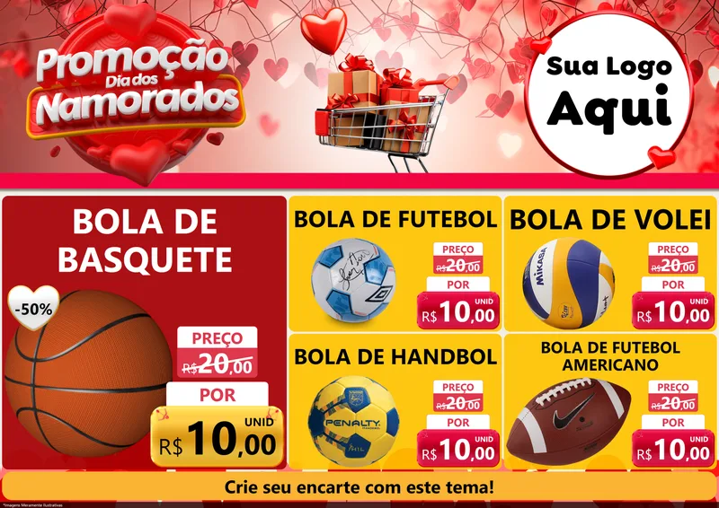 Modelo de Encarte para Encarte A4 Horizontal com o tema Promoção Dia dos Namorados para Artigos Esportivos
