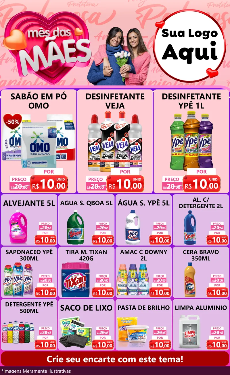 Modelo de Encarte para Encarte Grande com o tema Mês Das Mães para Produtos de Limpeza