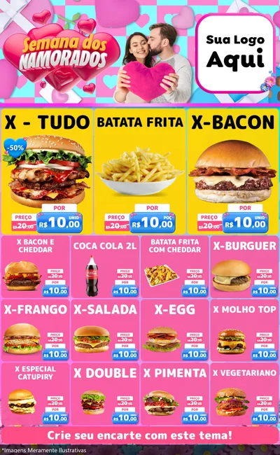 Modelo de Encarte para Encarte Grande com o tema Semana dos Namorados para Hamburgueria