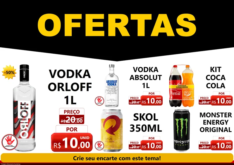 Modelo de Encarte para Encarte A4 Horizontal com o tema Ofertas Preto e Vermelho Cartaz para Distribuidora de bebidas