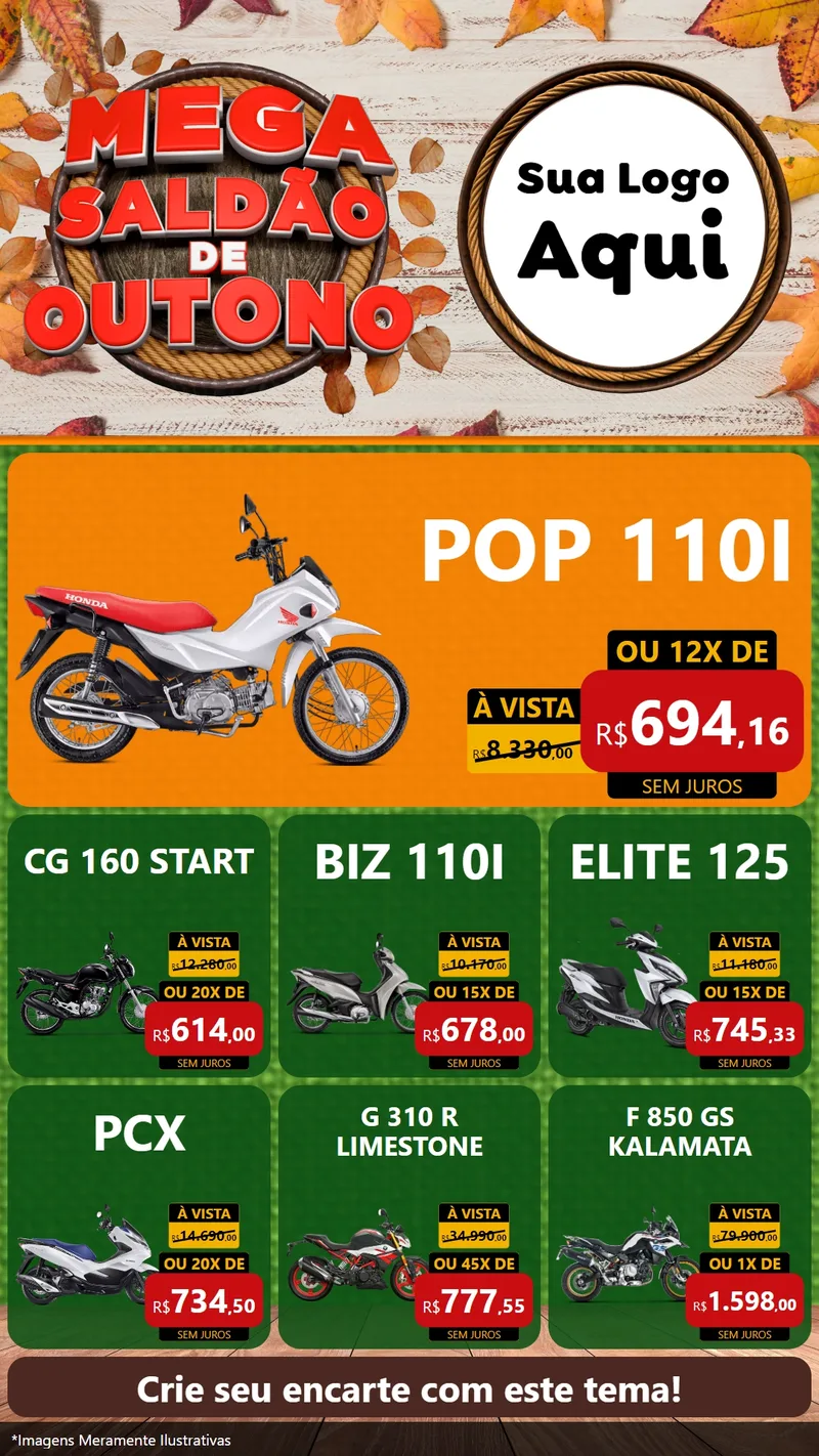 Modelo de Rede Social para Stories com o tema Mega Saldão de Outono para Concessionaria de Motos