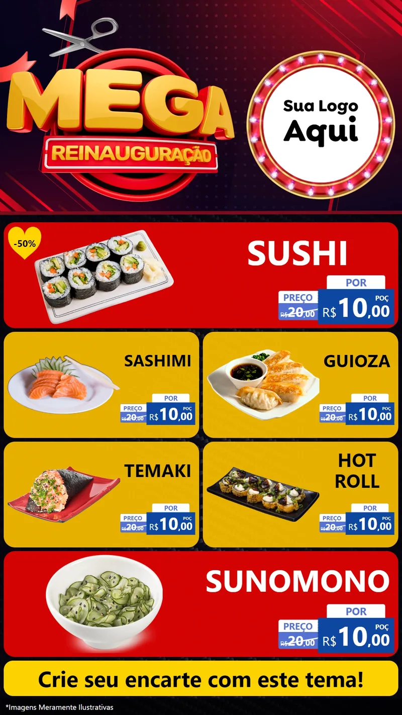 Modelo de TV para TV Vertical com o tema Mega Reinauguração para Comida japonesa