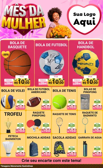 Modelo de Encarte para Encarte Grande com o tema Mês da Mulher para Artigos Esportivos