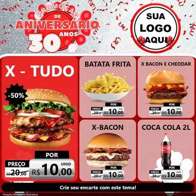 Modelo de Rede Social para Feed Facebook com o tema Promoção de Aniversário - 30 Anos para Hamburgueria