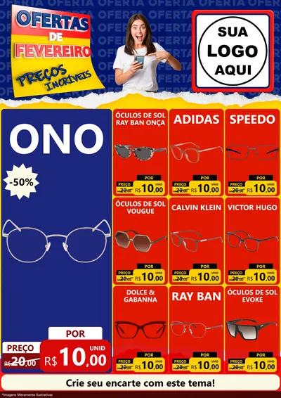 Modelo de Encarte para Encarte A4 Vertical com o tema Ofertas de Fevereiro - Preços Incríveis para Óticas