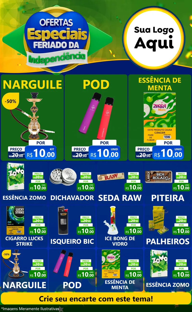 Modelo de Encarte para Encarte Grande com o tema Ofertas Especiais Feriado da Independência para Tabacaria