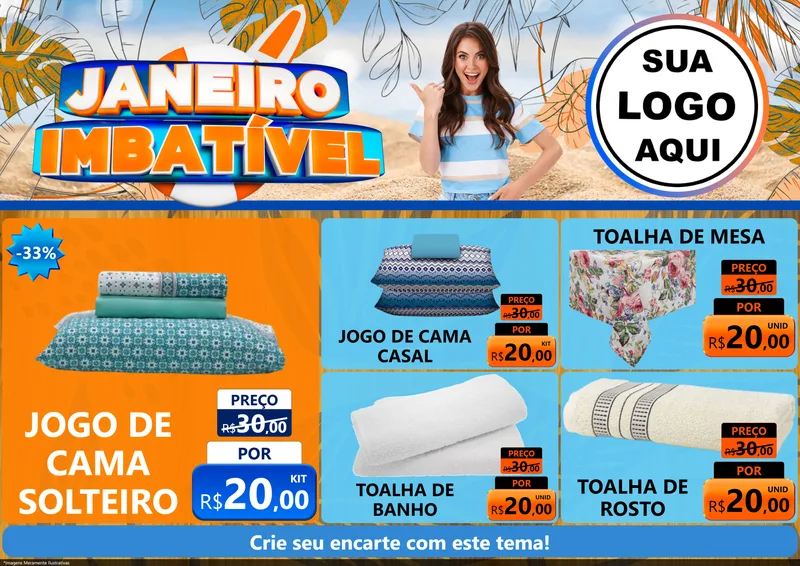 Modelo de Encarte para Encarte A4 Horizontal com o tema Janeiro Imbatível para Cama, Mesa e Banho