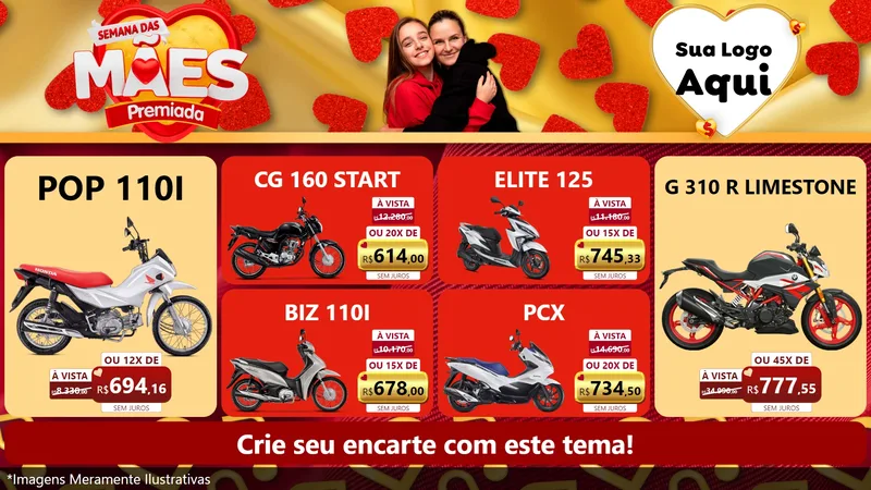 Modelo de TV para TV Horizontal com o tema Semana das Mães Premiada para Concessionaria de Motos