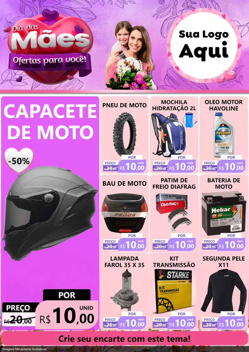 Modelo de Encarte para Encarte A4 Vertical com o tema Dia das Mães Ofertas para Você! para Moto peças