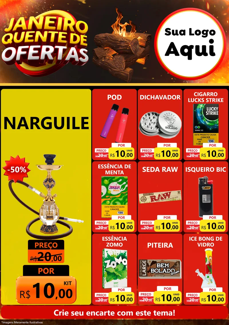 Modelo de Encarte para Encarte A4 Vertical com o tema Janeiro Quente de Ofertas para Tabacaria