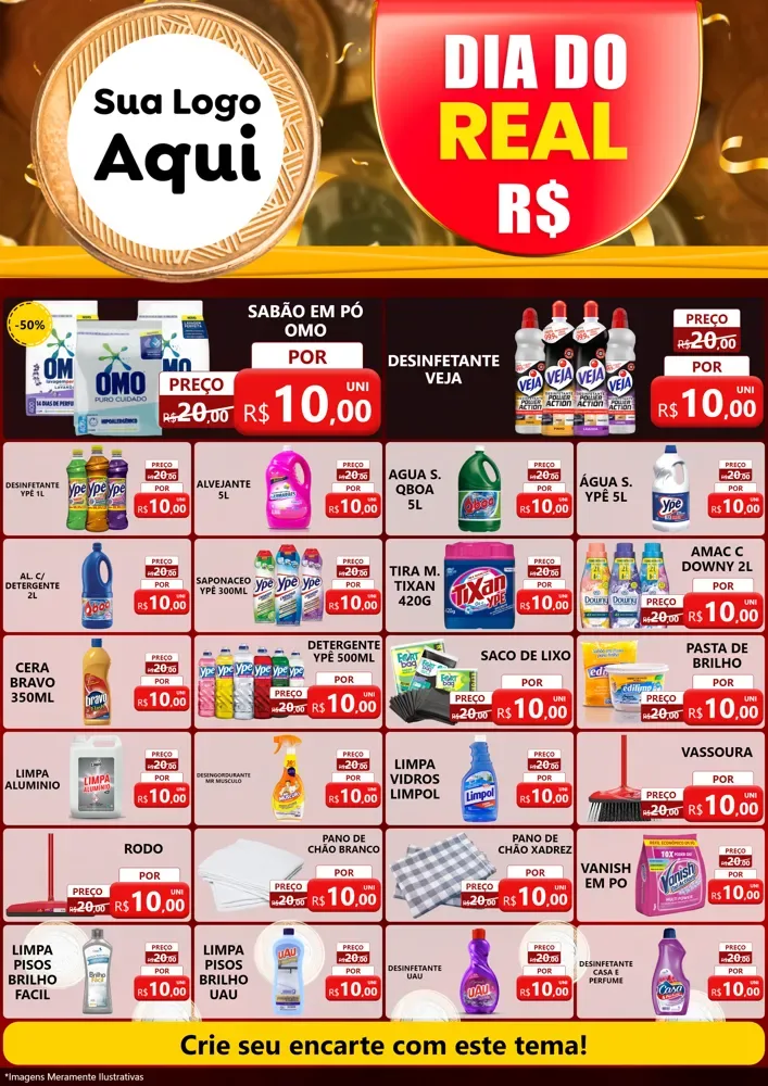 Modelo de Encarte para Encarte A4 Vertical com o tema Dia do Real para Produtos de Limpeza