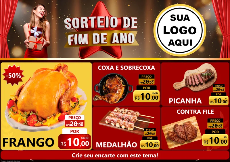 Modelo de Encarte para Encarte A4 Horizontal com o tema Sorteio de Fim de Ano para Assados