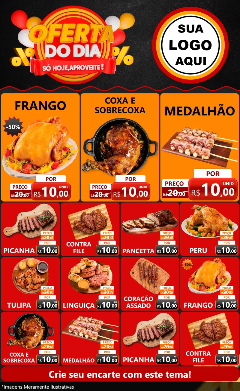 Modelo de Encarte para Encarte Grande com o tema Oferta do Dia - Só hoje, Aproveite! para Assados