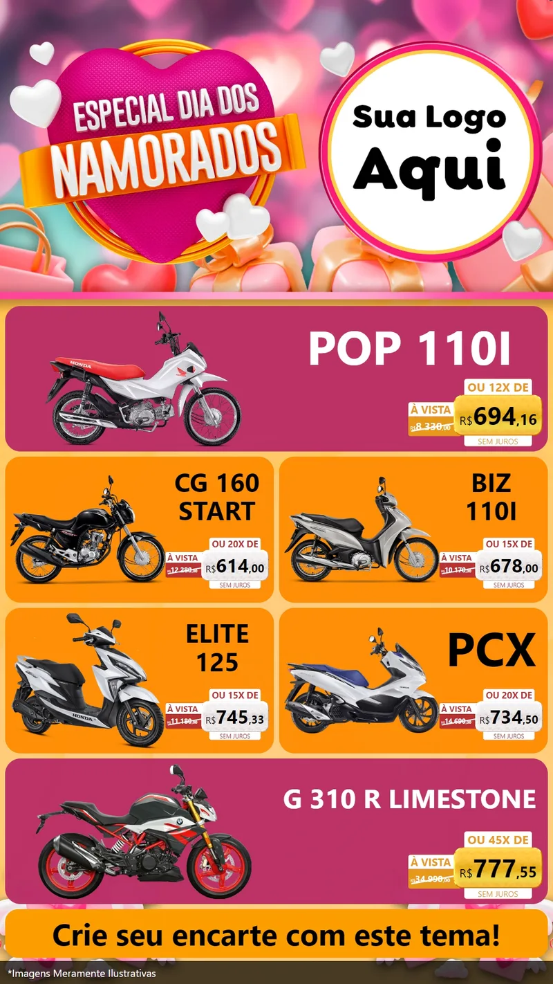 Modelo de TV para TV Vertical com o tema Especial Dia dos Namorados para Concessionaria de Motos