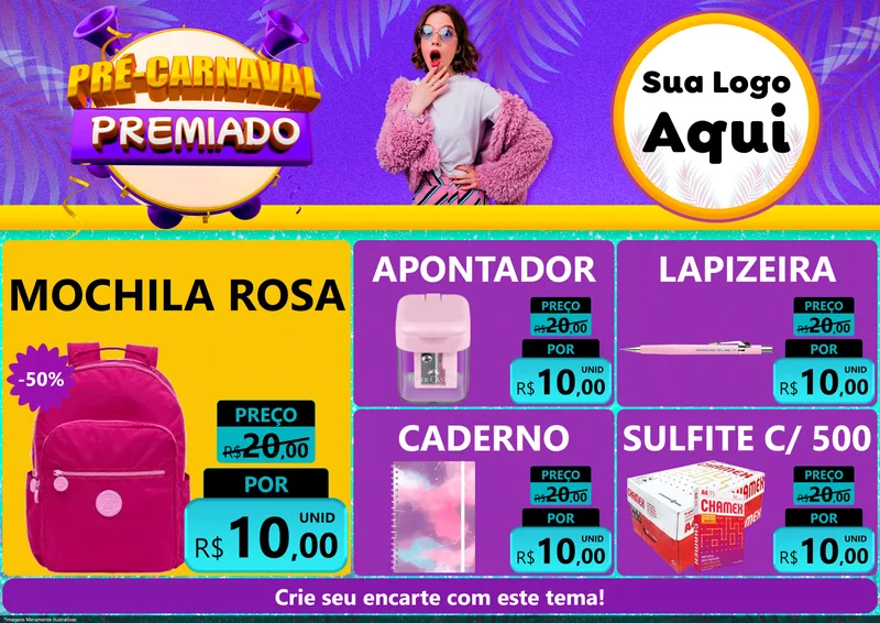 Modelo de Encarte para Encarte A4 Horizontal com o tema Pré-Carnaval Premiado para Papelaria