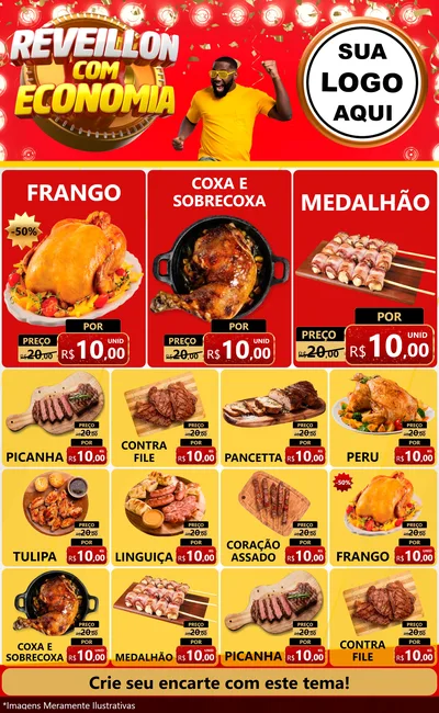 Modelo de Encarte para Encarte Grande com o tema Réveillon com Economia para Assados