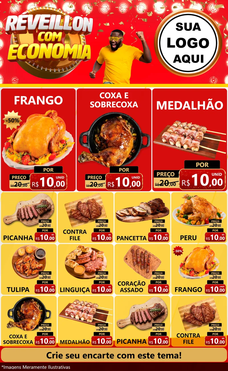 Modelo de Encarte para Encarte Grande com o tema Réveillon com Economia para Assados