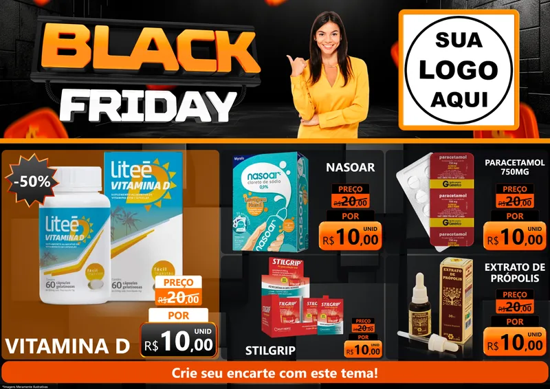 Modelo de Encarte para Encarte A4 Horizontal com o tema Black Friday para Farmácia
